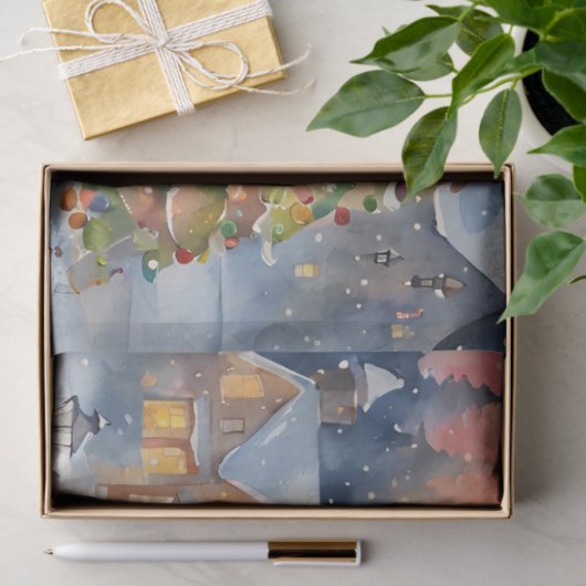 ブルーウォーカラフルターカラーの切り離し冬シーン 薄葉紙 (ギフト)