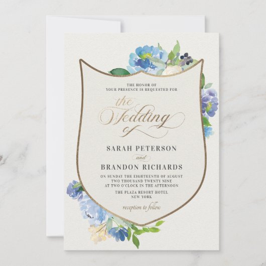 ブルーウォータカラーフローラヴィンテージ金ゴールド結婚クレスト 招待状 (正面)