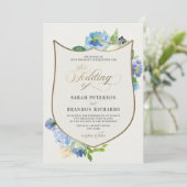 ブルーウォータカラーフローラヴィンテージ金ゴールド結婚クレスト 招待状 (スタンド正面)