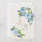 ブルーウォータカラーフローラヴィンテージ金ゴールド結婚クレスト 招待状 (裏面)