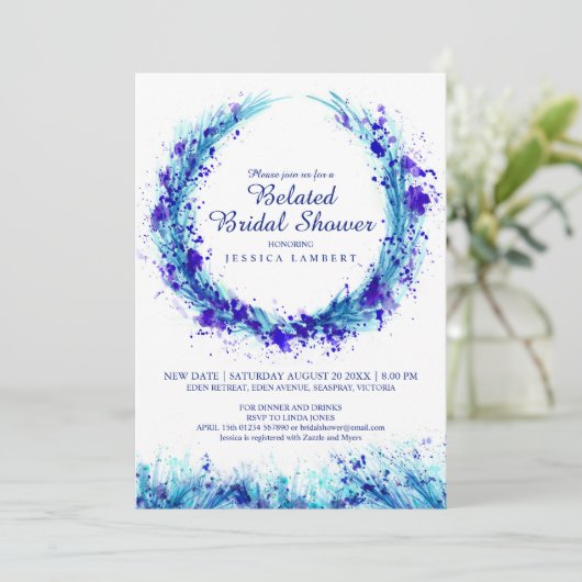 ブルーウォーターのアートスプラットのブライダルシャワー 招待状 (スタンド正面)