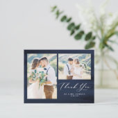 ブルーウォーターのカラーフォトコラージュ結婚の感謝 ポストカード (スタンド正面)