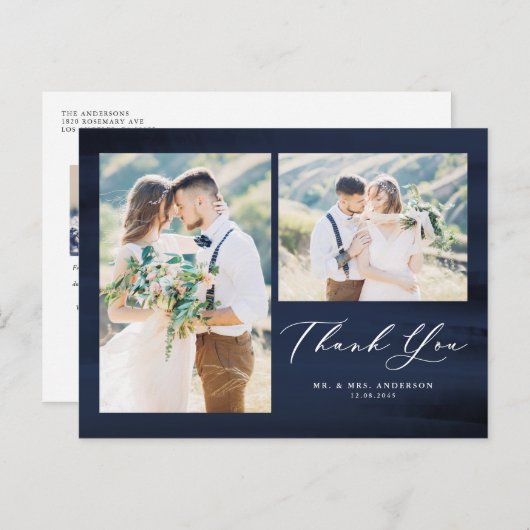 ブルーウォーターのカラーフォトコラージュ結婚の感謝 ポストカード (正面/裏面)