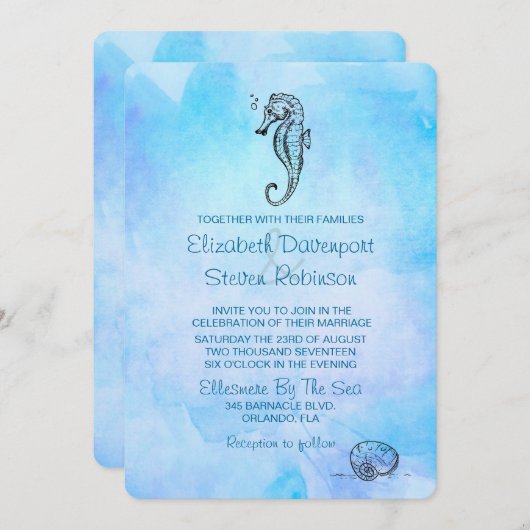 ブルーウォーターのシーホースとシーシェ結婚ル 招待状 (正面/裏面)