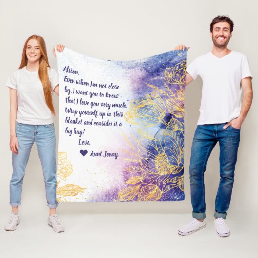 ブルーウォーターのスプラッシュの色と金ゴールド花+メモ フリースブランケット (インサイチュ)