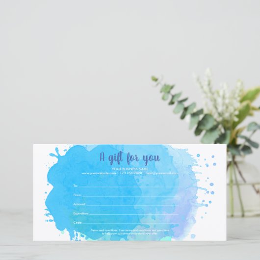 ブルーウォーターのスプラッシュ事業ギフト証明書 (スタンド正面)