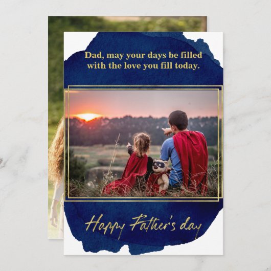 ブルーウォーターの上に金箔の色の父の日カード 案内状 (正面/裏面)