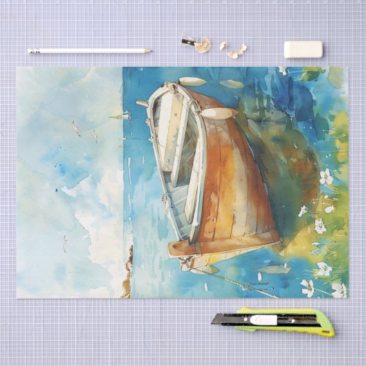 ブルーウォーターの水色ボートのデコページ 薄葉紙 (クラフト)
