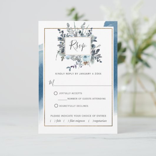 ブルーウォーターの色とアウト食事の選択肢RSVPカード 出欠カード (スタンド正面)