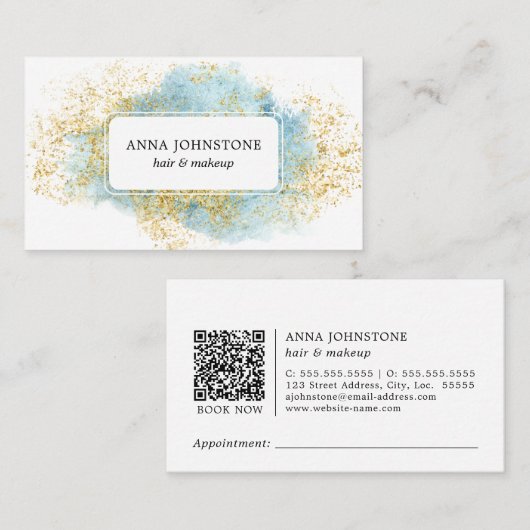 ブルーウォーターの色と金ゴールドのQRコード | アポイントメント 名刺 (正面/裏面)