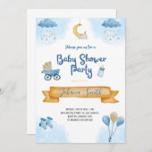 ブルーウォーターの色の月と星ベビーシャワー 招待状 (正面/裏面)