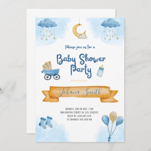 ブルーウォーターの色の月と星ベビーシャワー 招待状 (正面/裏面)