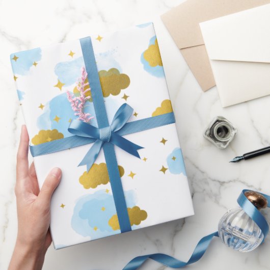 ブルーウォーターの色の雲金ゴールド星空 ラッピングペーパー (ギフト)