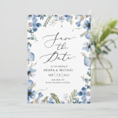 ブルーウォーターの色フローラ結婚式の日付カードを保存 招待状 (スタンド正面)