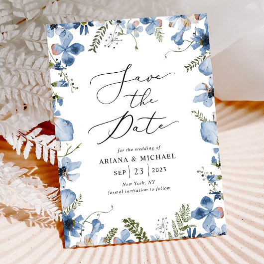 ブルーウォーターの色フローラ結婚式の日付カードを保存 招待状