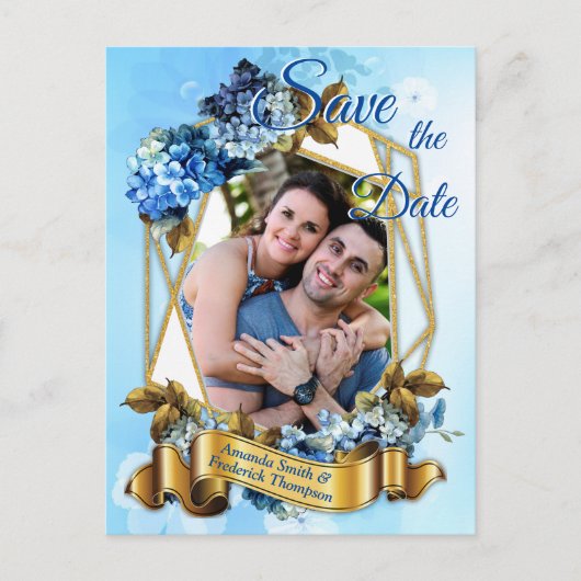 ブルーウォーターの色合いアジサイ日付を保存 案内ポストカード (正面)