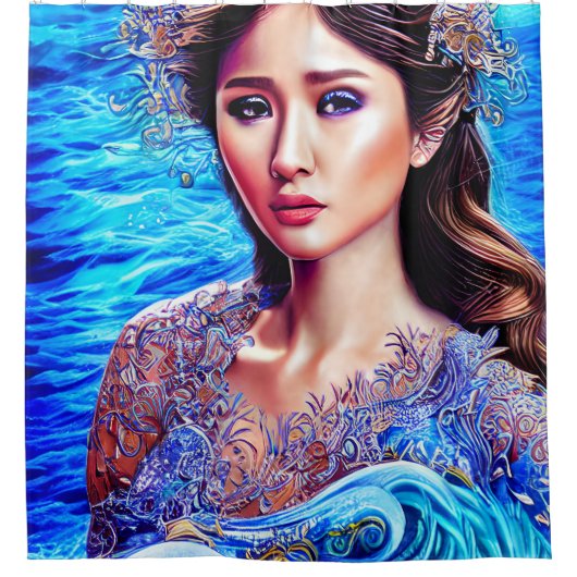 ブルーウォーターウェーブファンタジー女神抽象芸術アート シャワーカーテン (正面)