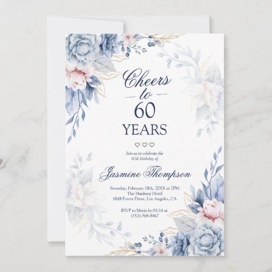 ブルーウォーターエレガントカラーフローラ写真60誕生日 招待状 (正面)