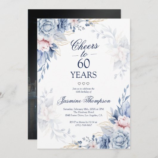 ブルーウォーターエレガントカラーフローラ写真60誕生日 招待状 (正面/裏面)