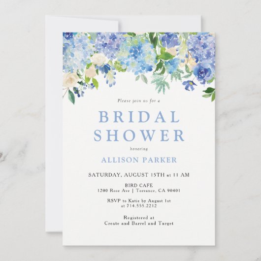 ブルーウォーターカラーあじさいブライダルシャワー招待 招待状 (正面)