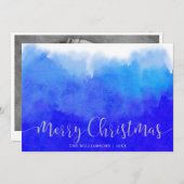 ブルーウォーターカラーとシルバーメリークリスマス写真 シーズンカード (正面/裏面)