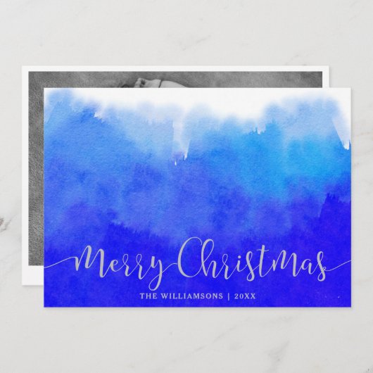 ブルーウォーターカラーとシルバーメリークリスマス写真 シーズンカード (正面/裏面)