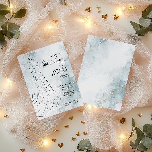 ブルーウォーターカラーと金ゴールドグリッターブライダルシャワー 招待状