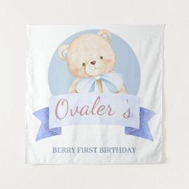 ブルーウォーターカラーのくまの1歳の誕生日パーティー タペストリー