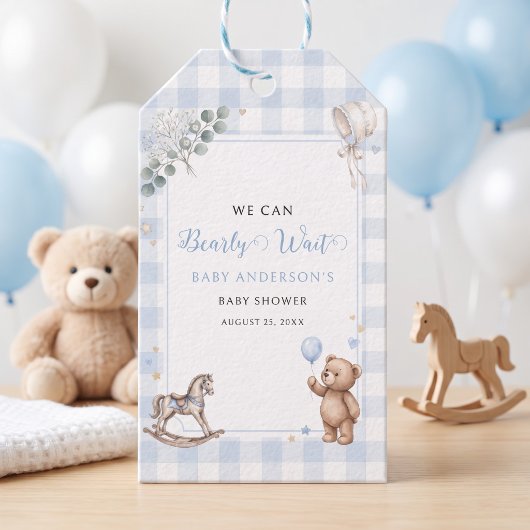 ブルーウォーターカラーのテディベアの男の子 - We Can Bearly Wait ギフトタグ