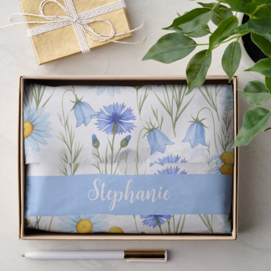ブルーウォーターカラーのワイルドフラワーモノグラム名 薄葉紙 (ギフト)