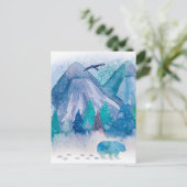 ブルーウォーターカラーの冬の山の風景アート ポストカード (スタンド正面)