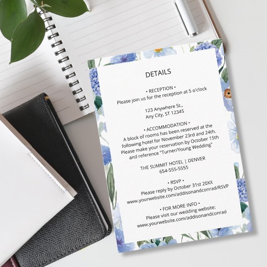 ブルーウォーターカラーの植物画が描かれた結婚式の詳細 エンクロージャーカード