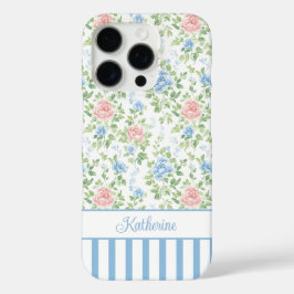 ブルーウォーターカラーの花のモノグラム ブルー ピンク iPhone 16 PROケース