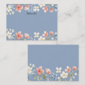 ブルーウォーターカラーの花のモノグラム 名前入り ノートカード (正面/裏面)