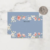 ブルーウォーターカラーの花のモノグラム 名前入り ノートカード (正面/裏面インサイチュ)