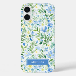 ブルーウォーターカラーの花のモノグラム iPhone 16 PLUSケース