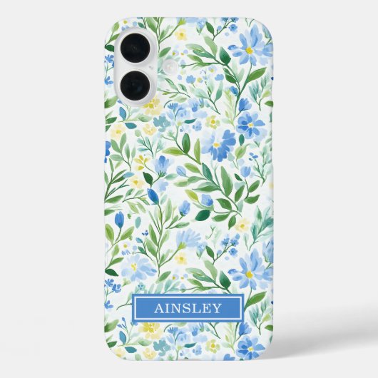 ブルーウォーターカラーの花のモノグラム Case-Mate iPhoneケース (裏面)