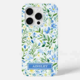 ブルーウォーターカラーの花のモノグラム iPhone 15 PROケース