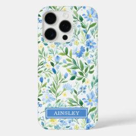 ブルーウォーターカラーの花のモノグラム iPhone 16 PROケース