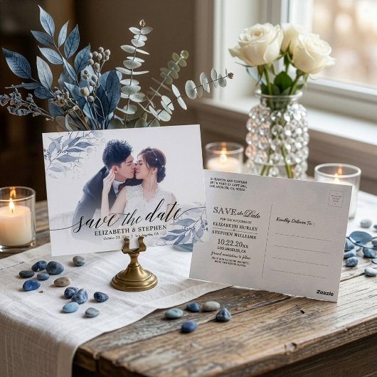 ブルーウォーターカラーの葉の結婚式セーブデートフォト ポストカード