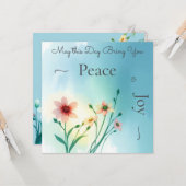 ブルーウォーターカラーの誕生日おめでとう 春の花 カード (正面/裏面インサイチュ)