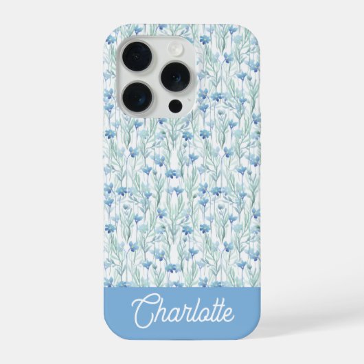 ブルーウォーターカラーの野の花のカスタムネーム iPhoneケース (裏面)