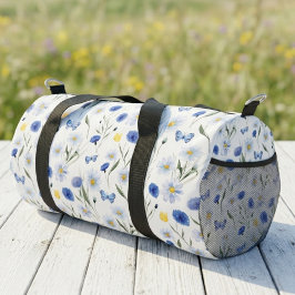 ブルーウォーターカラーの野の花の草原の蝶 ダッフルバッグ
