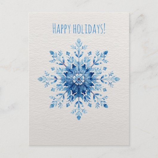 ブルーウォーターカラーの雪の結晶、クリスマス シーズンポストカード (正面)