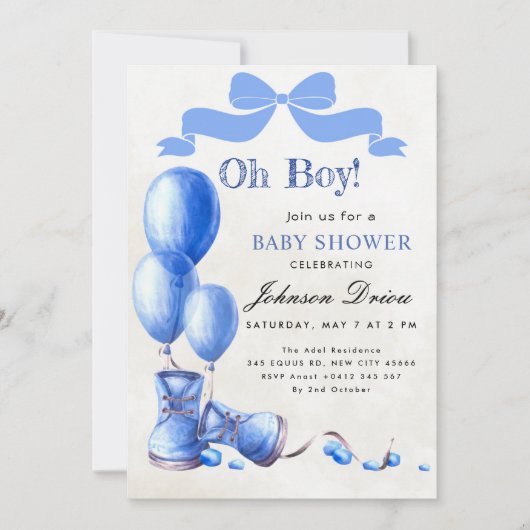 ブルーウォーターカラーの「Oh Boy Baby Shower」招待状 招待状 (正面)