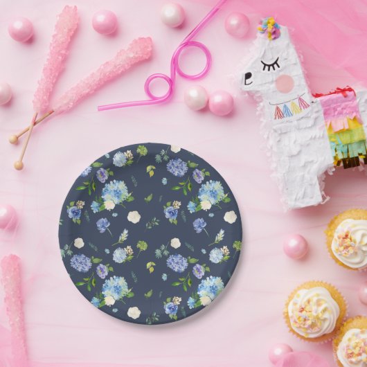 ブルーウォーターカラーアジサイとバラフローラルパターン ペーパープレート (パーティー)