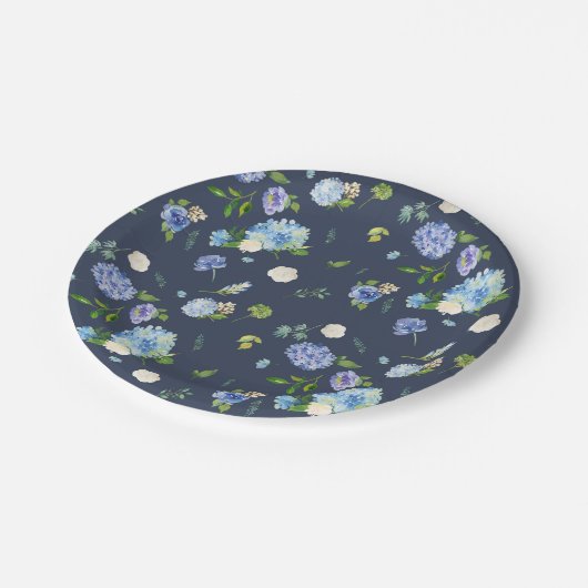 ブルーウォーターカラーアジサイとバラフローラルパターン ペーパープレート (アングル)