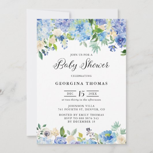 ブルーウォーターカラーアジサイとバラベビーシャワー 招待状 (正面)