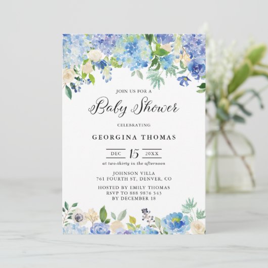ブルーウォーターカラーアジサイとバラベビーシャワー 招待状 (スタンド正面)