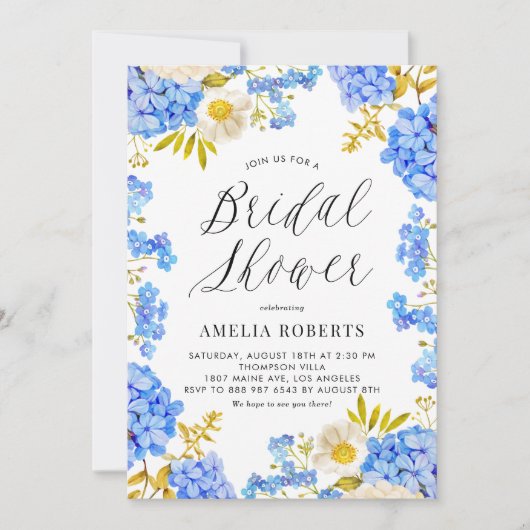 ブルーウォーターカラーアジサイフローラブライダルシャワー 招待状 (正面)